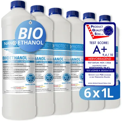 Produktbild von Nanoprotect Bioethanol 96,6% | 6 x 1 Liter | Flüssiger Ethanol Brennstoff für Indoor Kamin und Tischfeuer | Reiner Ethylalkohol als Lösungsmittel | e …