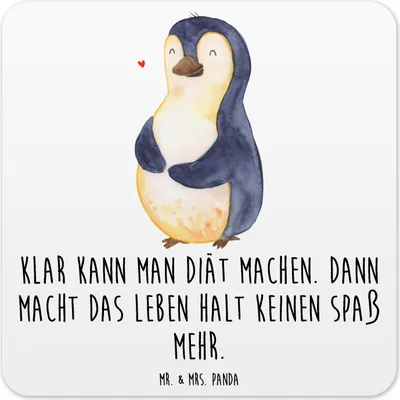 Produktbild von Mr. & Mrs. Panda Tischuntersetzer Pinguin Diät 10er Set - Weiß - Geschenk, Coaster, Abnehmen, Tassenuntersetzer, Getränkeuntersetzer, Motivation, Untersetzer für Gläser