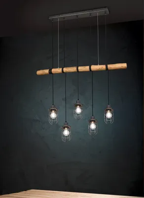 Produktbild von Ausgefallene Vintage Gitter Pendelleuchte 5 flammig antik mit Holzbalken 100cm