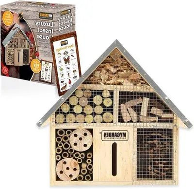 Produktbild von Holz Insektenhotel mit Aufhängeschraube Schieferdach Schmetterling Bienen Käfer nächstes Insektenhaus für Garten