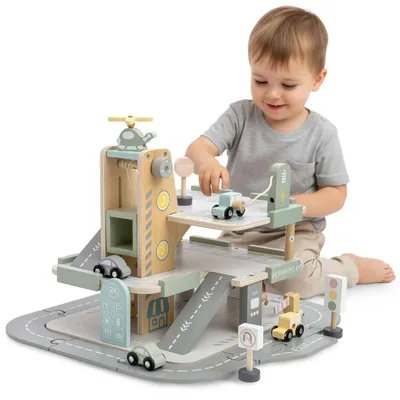 Image de Garage en bois pour enfants - Parking en bois - 3 étages XXL - Avec ascenseur et héliport - Jouet éducatif à partir de 3 ans