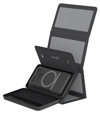 Zdjęcie produktu dla Powerbank bezprzewodowy Xlayer 10000mAh, kompatybilny z MagSafe 15W, 37 Wh, z wbudowanym panelem słonecznym 9W, czarny