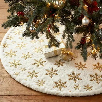 Image de Nappe pour sapin de Noël, diamètre d'environ 90 cm, couleur or, en velours, avec des motifs de flocons de neige en paillettes