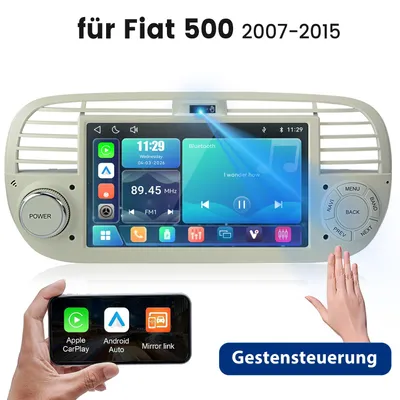 Immagine prodotto di Autoradio compatibile con Carplay e Android Auto, display da 7 pollici, adatta per Fiat 500 dal 2012 al 2017, con controllo gestuale, navigatore, Bluetooth, radio FM, controllo al volante e RDS