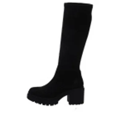 A black knee-high boot with a thick sole and heel is shown against a white background.