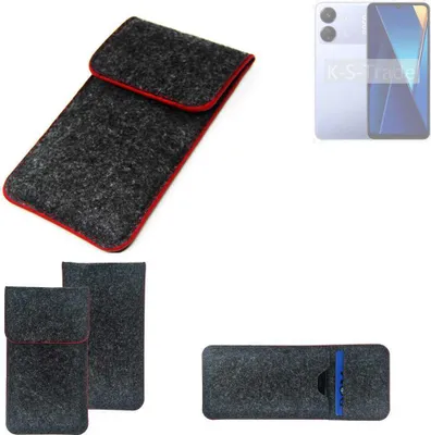 Produktbild von K-S-Trade Handy Schutz Hülle kompatibel mit POCO C65 Schutzhülle Handyhülle Filztasche Pouch Tasche Case Sleeve Filzhülle dunkelgrau roter Rand
