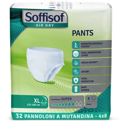 Immagine prodotto di Soffisof Air Dry Pants Super XL - 32x Pannoloni per Anziani a Mutandina - 4 Confezioni da 8 Mutande Assorbenti per Incontinenza Donna e Uomo