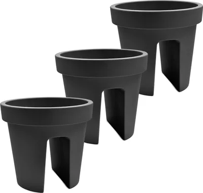Produktbild von 3er Set Balkon-Blumenkasten rund 28cm, Geländertopf, Balkonkasten, Blumentopf, Pflanztopf Railing 13L schwarz