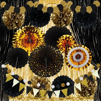 Produktbild von Partydekoration Set Gold Schwarz Papierfächer Pom Poms Girlande Fransenvorhänge