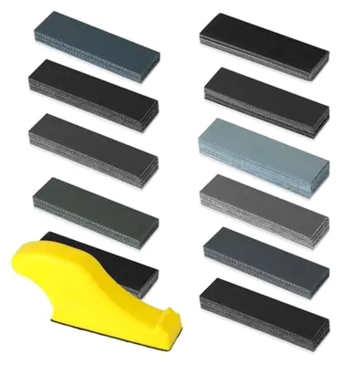 Produktbild von 100 Stück Profi Schleifpapier Set mit Körnungen von 120 bis 5000, Nass- und Trockenanwendung, für Auto, Metall, Holz, Glas und Lack, (9 x 3 cm), inklusive Schleifblock