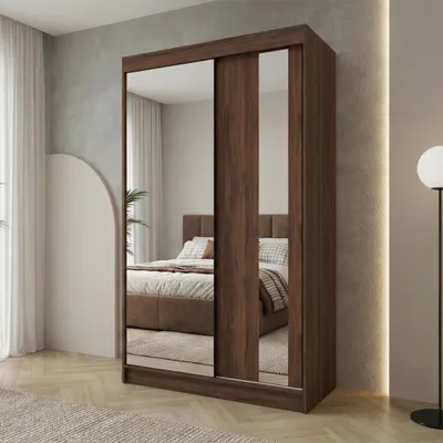 Produktbild von Beautysofa GAJA II Schwebetürenschrank 120 cm mit Spiegel – Kleiderschrank 2-türig, Schlafzimmer Schrank, Warmia Walnuss mit zwei Schubladen