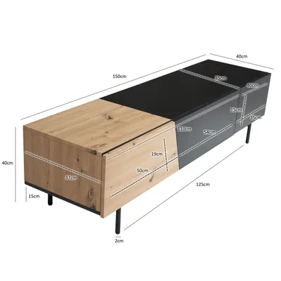 Zdjęcie produktu dla Szafka niska czarna z dekorem dębowym 150x40x40 cm szafka tv nowoczesna, designerska szafka tv niska, stolik tv szafka tv z drzwiami i szufladą, szafka tv salon | Wohnling