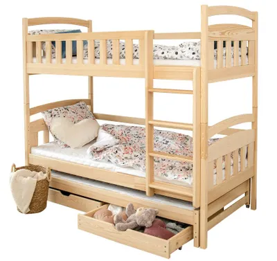 Produktbild von Hochbett 90x200 Etagenbett Kinderbett Jugendbett Stockbett 3 Kinder, zwei Schubladen & Rausfallschutz Kinder Bett umbaubar in 3 Einzelbetten | von 4. bis 16. Lebensjahr | inkl. Lattenrosten | natur