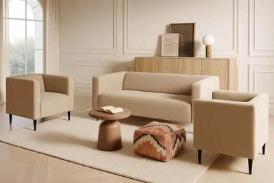 Image de Ensemble de salon moderne et minimaliste Sofello CALMO 3+1+1 sans fonction couchage, couleur CRÈME BEIGE – idéal pour le salon !