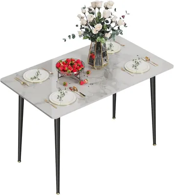 Immagine prodotto di Tavolo da pranzo piccolo, con aspetto in marmo e gambe in metallo, per quattro persone, di colore bianco