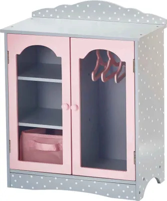 Obrázek produktu pro Olivia's Little World Růžovo-šedá skříň s puntíky pro 18 palcové panenky Dřevěný nábytek pro panenky se 3 věšáky TD-0210AG