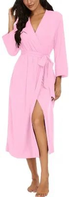 Produktbild von PrinStory Damen-Morgenmantel mit V-Ausschnitt, Bademantel, Kimono-Morgenmantel, Dreiviertelärmel, gestrickte Nachtwäsche, langer Saunamantel (Hellrosa, L)
