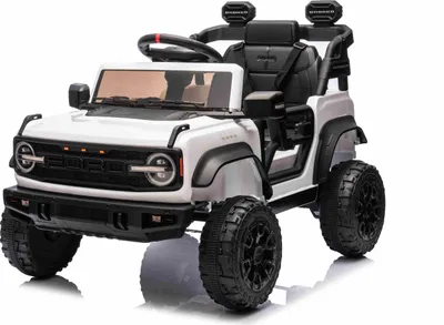 Image de Véhicule électrique pour enfants Ford Bronco avec traction arrière, sous licence (monoplace), blanc, batterie au lithium, garde au sol élevée, siège large, suspension de l'essieu arrière, télécommande 2,4 GHz, lecteur MP3 avec connexion USB, éclairage LED
