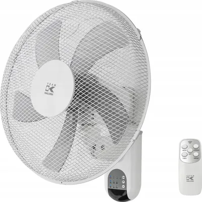 A white wall-mounted fan with a remote control.