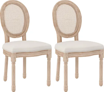 Two chairs with cane backs and cream upholstered seats are shown against a white background.