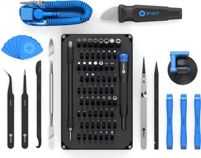 Produktbild von iFixit EU145307-4, Werkzeug-Sets, Universal, Eröffnungswahl, Schraubendreher, Spudger, Saugnapf, Pinzette, Schwarz, Blau, Edelstahl, Flach, Sicherheitstorx, Maulschlüssel, Torx, 3 Pinzette