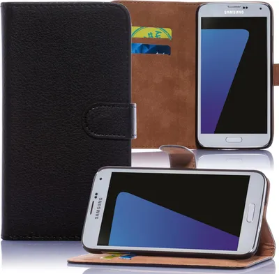 A black leather bookstyle phone case with a brown interior, showing two credit cards inserted, and a white Samsung Galaxy S6 Edge phone. The phone is shown in two different orientations: upright and lying flat.