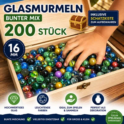 Produktbild von Glasmurmeln 200 Stück 16 mm bunter Mix mit Holz Schatzkiste Murmel Set Spielmurmeln Deko Murmeln Kinder Geschenk, KI-generiertes Bild