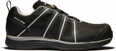 A side view of a black safety shoe with white accents.