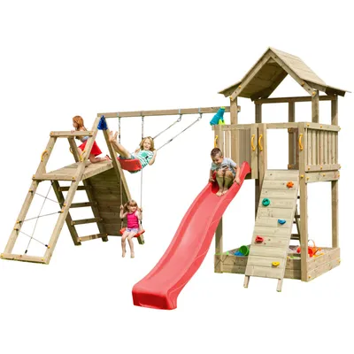 Produktbild von Spielturmking Spielturm PAGODA mit Rutsche 2,90 m + Kletterwand + Doppelschaukel - Rot DH454
