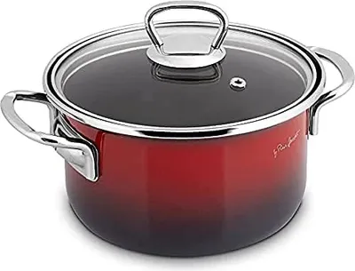 Produktbild von Email Stieltopf mit Deckel, 16 cm Durchmesser, 1,8 l, Rot/Schwarz
