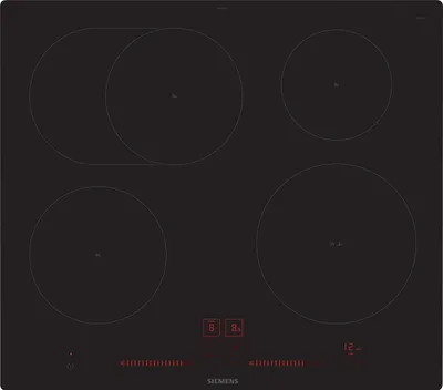 A top-down view of a black induction cooktop with four heating zones. The cooktop has digital displays and controls at the bottom.