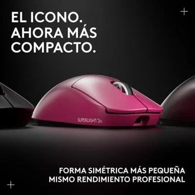 A pink Logitech PRO X Superlight 2c mouse is displayed prominently in the center, with a black mouse to its left and a dark-colored mouse to its right, all on a dark background. Text overlays highlight the product's features.
