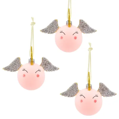 3 roze Eenhoorn Kerstballen, Kunststoff, Hänger