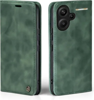 A green flip case for a smartphone is shown from two angles.
