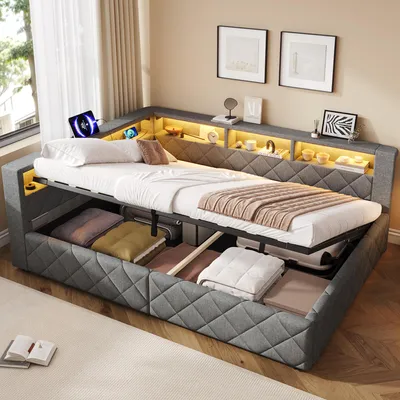 Image de Canapé-lit Flieks 140x200 cm avec port USB et revêtement en cuir, lit rembourré double avec espace de rangement, canapé-lit de jour avec système hydraulique et espaces de rangement ouverts, en lin, couleur gris