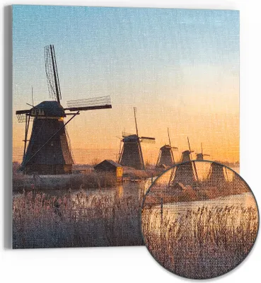 Produktbild von DEQORI Hybrid Leinwand Bild 30x30 cm 'Mühlen im Morgenlicht' Wandbild Glas flach modern