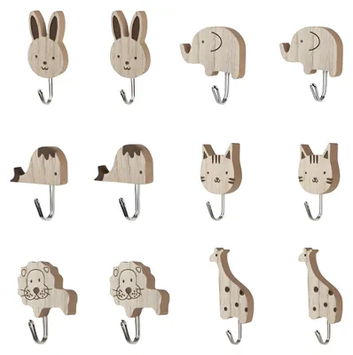 12 Holz-Tierhaken für Kinderzimmer, Wandhaken, Tiermotive