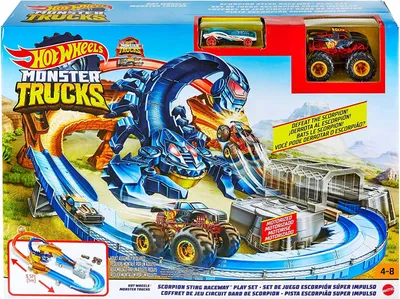 Produktbild von Hot Wheels GTL33 - Monster Trucks Skorpion Beschleuniger Rennbahn Set mit Fahrzeug und riesigem als Erzfeind, ab 4 Jahren[Exklusiv bei Amazon]