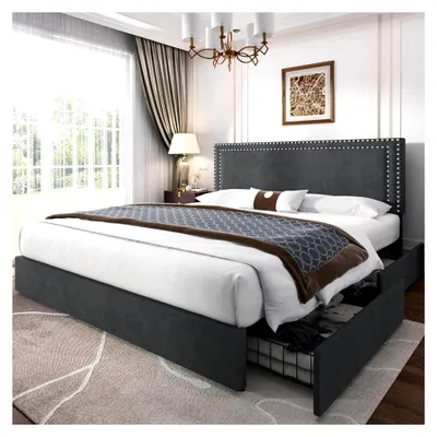Produktbild von Polsterbett Doppelbett 140 x 200 cm mit 4 Stauraum-Schubladen, Doppelbettgestell mit höhenverstellbarem Kopfteil und Bettkasten, Bett mit Stauraum und Lattenrost, ohne Matratze, Samt, Grau