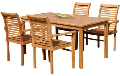 Produktbild von ALEOS. echt Teak Set Gartengarnitur Gartentisch 150x80 cm mit 4x Stapelsuhl Sessel stapelbar Holz Serie Alpen