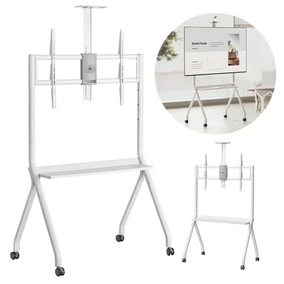 Zdjęcie produktu dla Maclean Stojak pod TV / wózek Półka pod kamerę na kółkach 55-100" max. obciążenie 120kg/10kg półka max. VESA 900x600 biały MC-114 W
