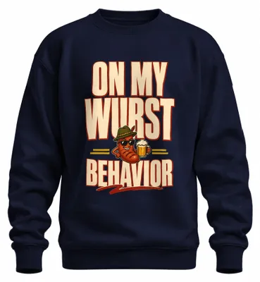 Imagen del producto de Camiseta de "On My Wurst Behavior", estilo tradicional alemán, pantalones de cuero, sudadera, jersey, color azul marino, talla M
