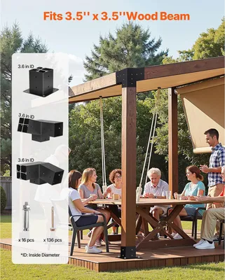 Produktbild von Pfosttenverbinder, 3-Wege-Schräghalterung für 92 x 92 mm, Pergola-Halterung Kohlenstoffstahl mit Schrauben & Pfostensockeln, für Holzpergolen im Freien, Pavillons, Schuppen, 8 Stück