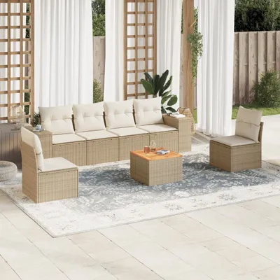 Produktbild von Design 7-tlg. Garten-Sofagarnitur mit Kissen Beige Poly Rattan, Gartenmöbel-Sets 2024 Neu