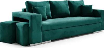 Zdjęcie produktu dla Sofa rozkładana TANGO, sofa z funkcją spania i pojemnikiem na pościel, sofa rozkładana z dwoma pufami, tkanina welurowa, kanapa w kolorze: zielony