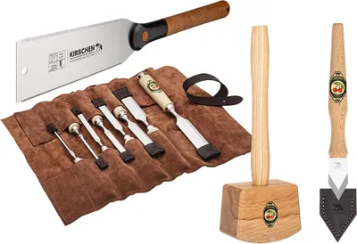 Produktbild von KIRSCHEN WOODWORKER Essentials Set 3 - Stechbeitelsatz 4-6-10-12-16-20-26-30 mm in Ledertasche + RYOBA Japansäge + Holzhammer + Anreißmesser 1831000