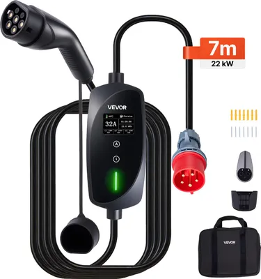Produktbild von VEVOR Mobile Wallbox, 22 kW, 32 A, Typ 2 Ladestation für Elektrofahrzeuge, 3-Phasig-Ladegerät mit 7 m Ladekabel, CEE32-Stecker, LCD-Bildschirm, IP66-Steuerbox, für Elektrofahrzeuge