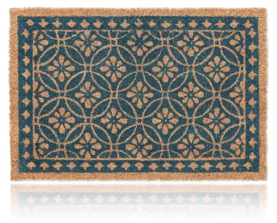 Image de Tapis d'entrée Relaxdays en fibre de coco, motif floral, pour l'extérieur et l'intérieur, tapis en fibre de coco caoutchouté 60 x 40 cm, bleu/naturel, Image générée par une IA