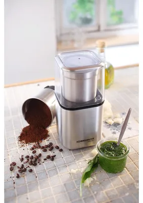 Productafbeelding van ROMMELSBACHER Kruiden- en koffiemolen EGK 200, 2 roestvrijstalen containers met mes voor grof malen en speciaal mes, vulhoeveelheid 70 gram, maalgraad instelbaar via maaltijd, ook geschikt voor pesto, kruiden, noten, suiker, 200 watt