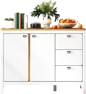 Produktbild von Buffetschrank aus Holz, stabiler Beistellschrank mit 3 Schubladen & verstellbarer Ablage, moderner Standschrank mit Kippersicherung, Natur + Weiß